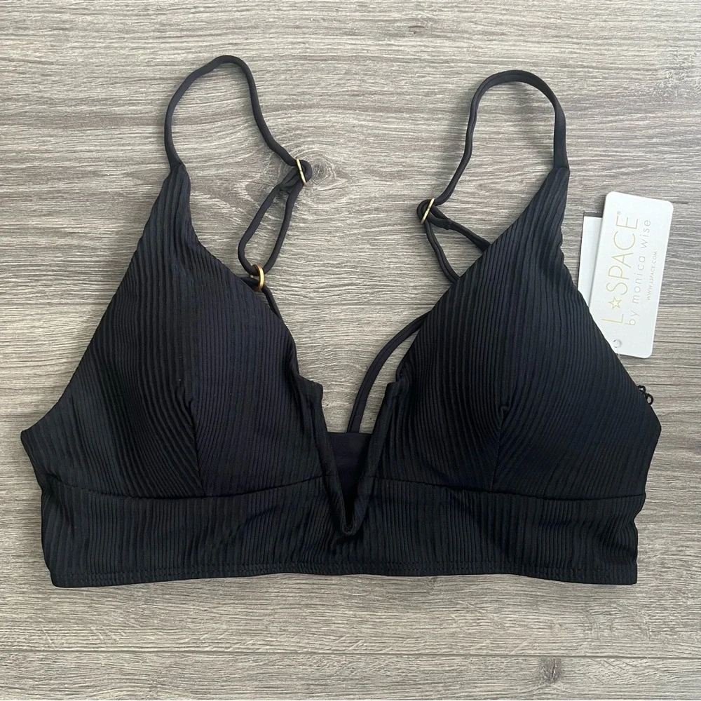 L*SPACE Siren Bikini Top XL Black Ribbed Strappy Swimwear Resortwear Beach 90s